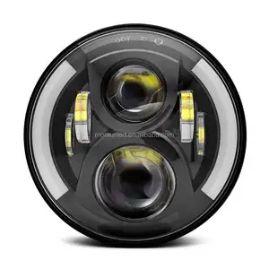 Phare avant rond LED pour Land Rover 90/110, feu avant pour Royal Enfield H4, avec yeux d'ange en Halo, 7 pouces, défense