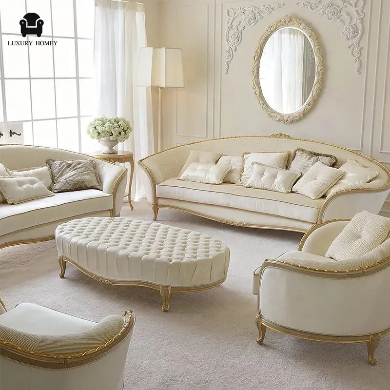 Set Sofa Ruang Tamu Mewah, Kain Putih Emas, Furnitur Villa Warna-warni, 3 Tempat Duduk, Dubai