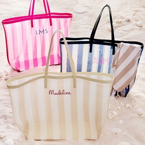 Borsa Tote Stile Vacanza, Borsa a Mano Portatile di Grande Capacità per il Tempo Libero in Spiaggia, Borsa da Spiaggia a Rete a Righe - Product Image 1
