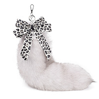 Promotion : Porte-clés queue de renard véritable 40 cm avec nœud imprimé léopard, breloque de sac en fourrure moelleuse, pendentif pour sac à dos