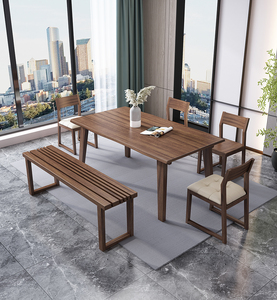 Solid Wood Rectangular <strong>Dining</strong> <strong>Table</strong> <strong>With</strong> Curved Edge and 4 Wooden Chairs 1 Long <strong>Bench</strong> 6 Pieces of Set Walnut <strong>Dining</strong> Room Set - Product Image 3