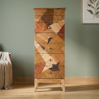 Buffet en bois massif de style mid-century modern avec incrustations géométriques, 5 tiroirs, meuble de rangement pour salon
