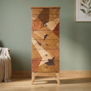 Buffet en bois massif de style mid-century modern avec incrustations géométriques, 5 tiroirs, meuble de rangement pour salon - Product Image 4