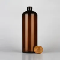 Botol Kosmetik Plastik PET Amber yang Dapat Disesuaikan dengan Tutup Pompa Kayu Bambu untuk Serum Perawatan Kulit, Lotion, Logo Kustom, Mewah Ringan