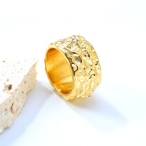 18K Gold Plated Stainless Steel <b>Ring</b> Lava-Inlaid <b>Pearl</b> Irregularly Thick Band for Wedding Wide Band Hammered Signet <b>Ring</b> - Product Image 3