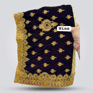 Velvet <b>Saree</b> with Malai Silk Blouse Heavy Embroidery Fancy Border Wrinkle Free Floor Length Bridal Party Wear - Product Image 6