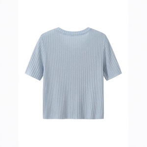 Cárdigan de punto azul de manga corta para mujer, fino, holgado, con botones de color caramelo, top de verano - Product Image 2