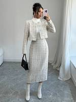 Ensemble Deux Pièces pour Femme : Veste en Tweed à Manches Longues et Jupe Trapèze Imprimée pour la Saison d'Automne