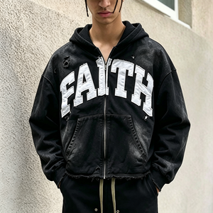 <strong>Men's</strong> Vintage Washed Black Cropped Zip up Hoodie FAITH Letter Patch Distressed Ripped Streetwear Sweatshirt <strong>Clothes</strong> <strong>Men</strong> - Product Image 2