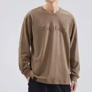 Cut And Sew 100%Cotton Drop Shoulder Oversized Long Sleeve Embossed Boys T-shirts