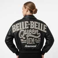 Veste en cuir courte pour femme OEM, veste bomber personnalisée en peau d'agneau bleu ciel avec appliqué brodé et strass pour femmes