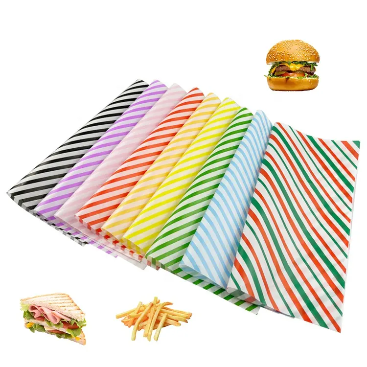 Voedselpapieren Verpakking Vetvrij Vierkant 12X12 Inch Burger Sandwich Frietjes Streeppatroon Papierverpakking