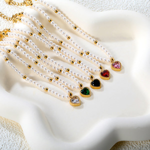 Collier en perles en forme de cœur avec pendentif en zircon, bijoux en acier inoxydable pour femmes, accessoire de mode pour soirée - Product Image 1