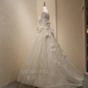 Robe de mariée de maternité personnalisable grande taille 2026, coupe A, longueur ras du sol, romantique, dos nu, <span class=keywords><strong>dentelle</strong></span>, fleurs tridimensionnelles - Product Image 2