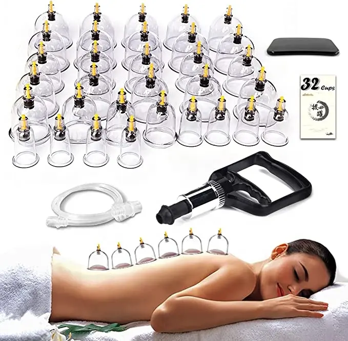 Set bekam terapi 32 cangkir, dengan pompa profesional, Set bekam titik akupuntur Cina, Hijama untuk pijat bekam