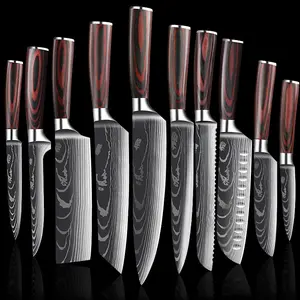 Conjunto de facas de cozinha com alça de madeira Pakka e padrão de laser Damasco para chef japonês premium com logotipo personalizado de 10 peças