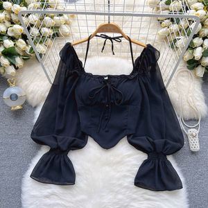 Chemise asymétrique à épaules dénudées et manches cloche pour femme, style crop top tendance - Product Image 4