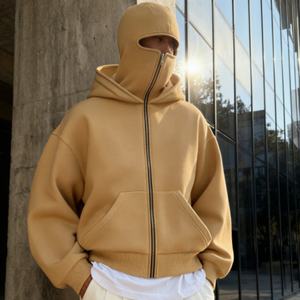 TKAN273D logo vierge personnalisé fermeture éclair complète Double capuche vêtements d'extérieur solides hommes fermeture éclair poids lourd Streetwear masque à capuche - Product Image 1