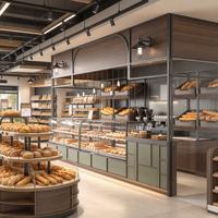 Comptoir de vente au détail en bois texturé pour boulangerie-pâtisserie, design de magasin de gâteaux commercial avec vitrine et mobilier sur mesure