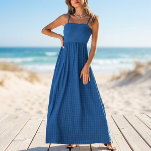 Vestido Maxi Boho con Tirantes Finos, Corte en A, Color Azul Sólido, Algodón, Ajuste Holgado, Transpirable, Vestido Casual de Verano - Product Image 4