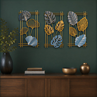 Décoration murale en métal à trois parties, feuilles tropicales, bleu et or, panneaux botaniques pour hall d'hôtel, restaurant, intérieurs modernes Art Déco