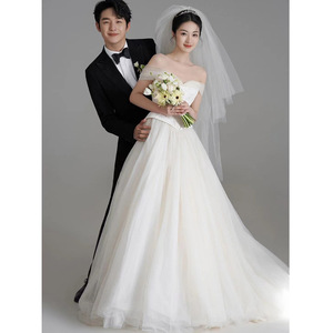 White Strapless A-Line Satin Wedding Dress Natural Waist Minimalist Mesh Design For Photoshoots - Product Image 5