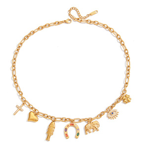 Collier porte-bonheur doré avec pendentifs fer à cheval, œil porte-bonheur, croix, cœur, poisson, éléphant pour femme, cadeau bijoux - Product Image 5