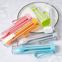 Ensemble de couverts en plastique sans BPA tendance et personnalisé, baguettes, fourchette, cuillère, étui de transport portable, kit de couverts réutilisables pour le bureau et l'école