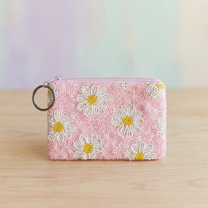 Pochette carrée rose à motif floral perlé avec fermeture éclair, broderie tendance en feutre non tissé, pour voyage et usage quotidien - Product Image 3
