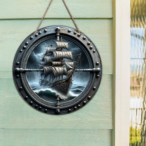 Mediterranean-style wall decorations, European-style restaurant wall ornaments, wooden <b>ship's</b> <b>wheel</b> plaques, helmsman sail - Product Image 2