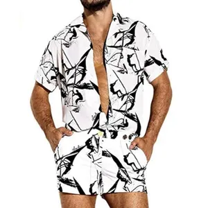 Macacão masculino de verão, roupa urbana, estampa, manga curta, praia havaiana, botão, casual