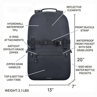 Sac à dos étanche submersible 20L Hydrowall en TPU avec fermeture éclair hermétique de qualité professionnelle pour le surf, la plongée et le rangement d'équipements de sports nautiques
