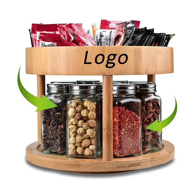 Custom Logo 2-Tier Bamboo Kitchen Counter top Cabinet Rotating Condiments Organizer Lazy Susan Turntable Spice Rack
