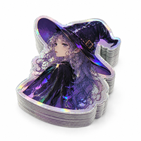Autocollant personnalisé d'art anime sorcière, en vinyle PVC, découpé à la forme, résistant aux UV, avec feuille holographique et effet holographique arc-en-ciel manga, pour décoration et cadeaux d'artistes