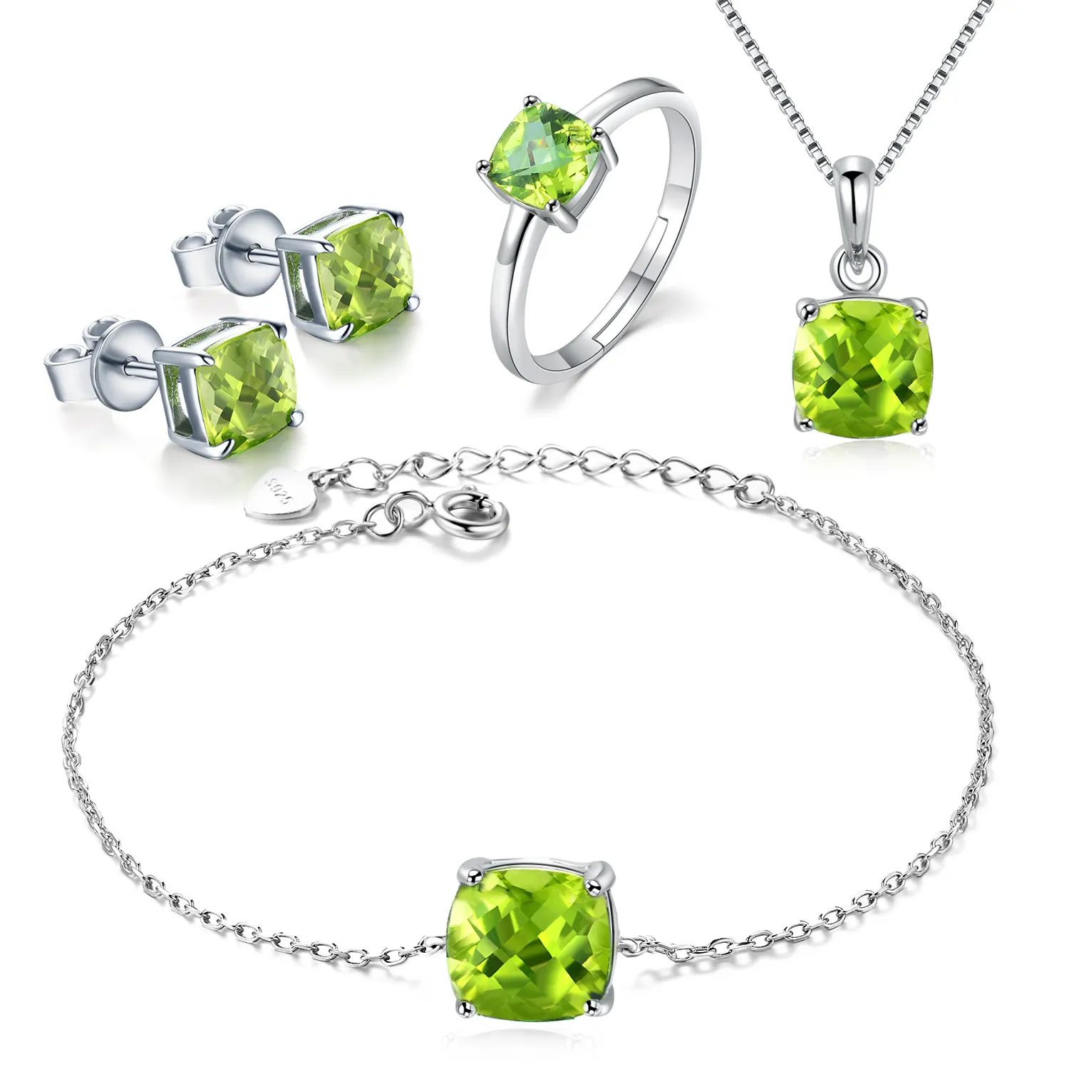 Bijoux Femme Women Accessories 925 Sterling Silver Ring Necklace Earring Bracelet Jewelry Set with Natural Peridot V018