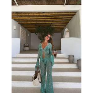 Conjunto de Playa Personalizado 2026 para Mujer, con Estampado de Lunares, Manga Larga, Chifón Transparente, 2 Piezas, Cintura Elástica, Cuello en V Profundo, Estilo Holgado, Traje de Verano - Product Image 6