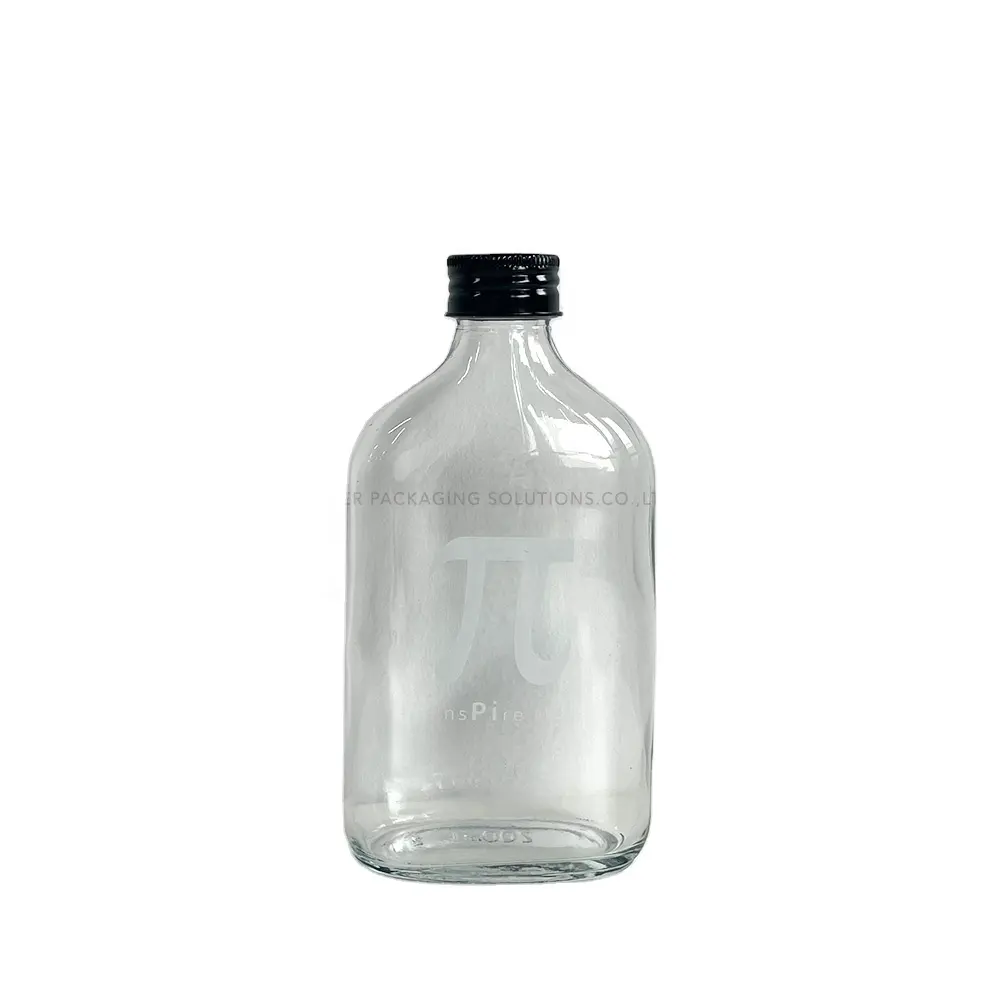 Özel 200ml beyaz matematik sembol logosu baskılı eğimli yuvarlak Oval omuz cam şişe soğuk demlemek için plastik vidalı kapak ile