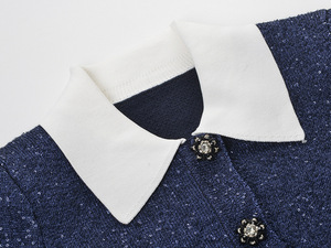 2025 mùa thu mùa đông thanh lịch phụ nữ rắn len hai mảnh thiết lập nút tương phản màu xanh hải quân dệt kim cardigans Áo + ngắn A-line - Product Image 4