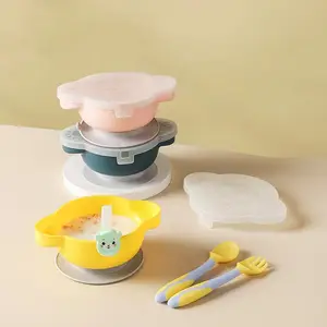 BPA Free Kinder Silikon Geschirr Schüssel mit Deckel und Löffel Gabel Baby Bowl Baby Fütterung Geschirr Sets