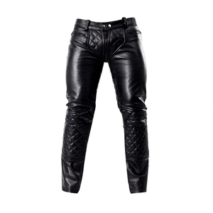 <b>Men's</b> Black <b>Leather</b> Moto Biker <b>Pants</b> High Waist Zipper Fly Straight Fit Midweight Woven Material Autumn Style - Product Image 2