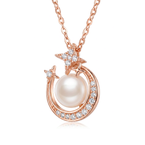 Collar con Colgante de Estrella y Luna Creciente en Oro Rosa y Cobre, con Circonitas y Perla de Agua Dulce, Joyería Celestial para Mujer - Product Image 1
