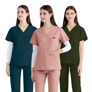 Men Women Stretchy Elastic Waistband Nursing Scrubs V-neck Clinical Jogger Anti-wrinkle Custom LOGO Medical Uniforms Scrub Suits