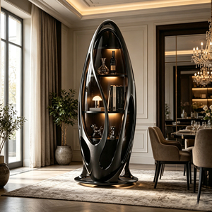 Oval Glossy <b>Black</b> Fiberglass Wine <b>Cabinet</b> Tempered Glass Door Built-in Led Shelves for Luxury Home Dining Room This This Wine - Product Image 6