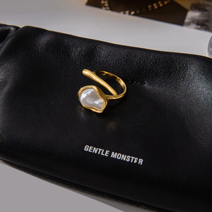 Pearl <b>Ring</b> 18K Gold Stainless Steel Baroque Style Asymmetrical <b>Open</b> Design Unisex Everyday Wear - Product Image 4