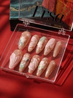 Nouvelles Ongles Press-On en Acrylique Style Chinois 3D Lotus Ruban, Perle Nude Scintillante, Longs Amande, Doux, Élégants, Faits Main, Personnalisables