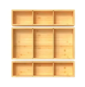 Kotak Organizer laci bambu, 12 ''X 12'' X 2 'dapat disesuaikan 3 wadah penyimpanan individu untuk dapur