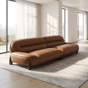 <span class=keywords><strong>Canapé</strong></span> en <span class=keywords><strong>cuir</strong></span> marron au design arrondi avec pieds en bois foncé, <span class=keywords><strong>canapé</strong></span> moderne minimaliste <span class=keywords><strong>pour</strong></span> un espace de vie confortable - Product Image 2
