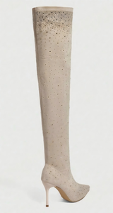 Bottes sexy beiges au-dessus du genou, bottes scintillantes à strass, bottes hautes à bout pointu, talons aiguilles, chaussures de soirée et de mariage pour femmes - Product Image 5