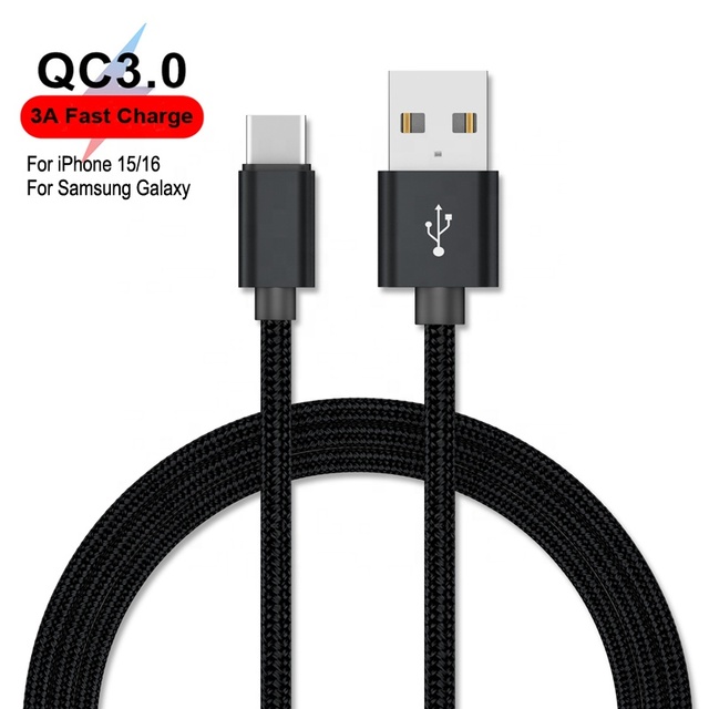 Premium 1M Nylon Braided QC 3.0 3A Quick Charge USB to USB Type C Fast Charging Charger Cable for iPhone 15 16 17 Samsung Mobile