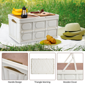 Collapsible <b>Storage</b> <b>Crate</b> with Wooden Lid & Handle Portable Folding Picnic Basket for Camping Groceries & Home Use - Product Image 3